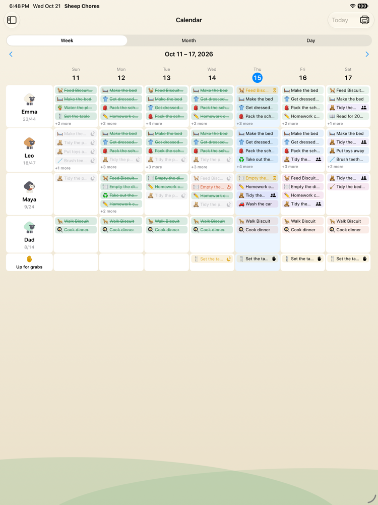 The family calendar week grid on an iPad: one row per kid, one column per day, chore chips tinted by status
