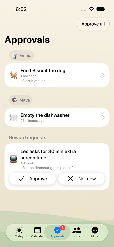 The Approvals inbox on an iPhone: finished chores grouped by kid with Approve and Needs redo buttons